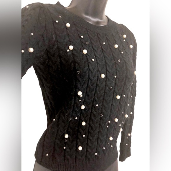 Black cable knit pearl onyx gemstone studded chunky‎ sweater size small new - Picture 1 of 12